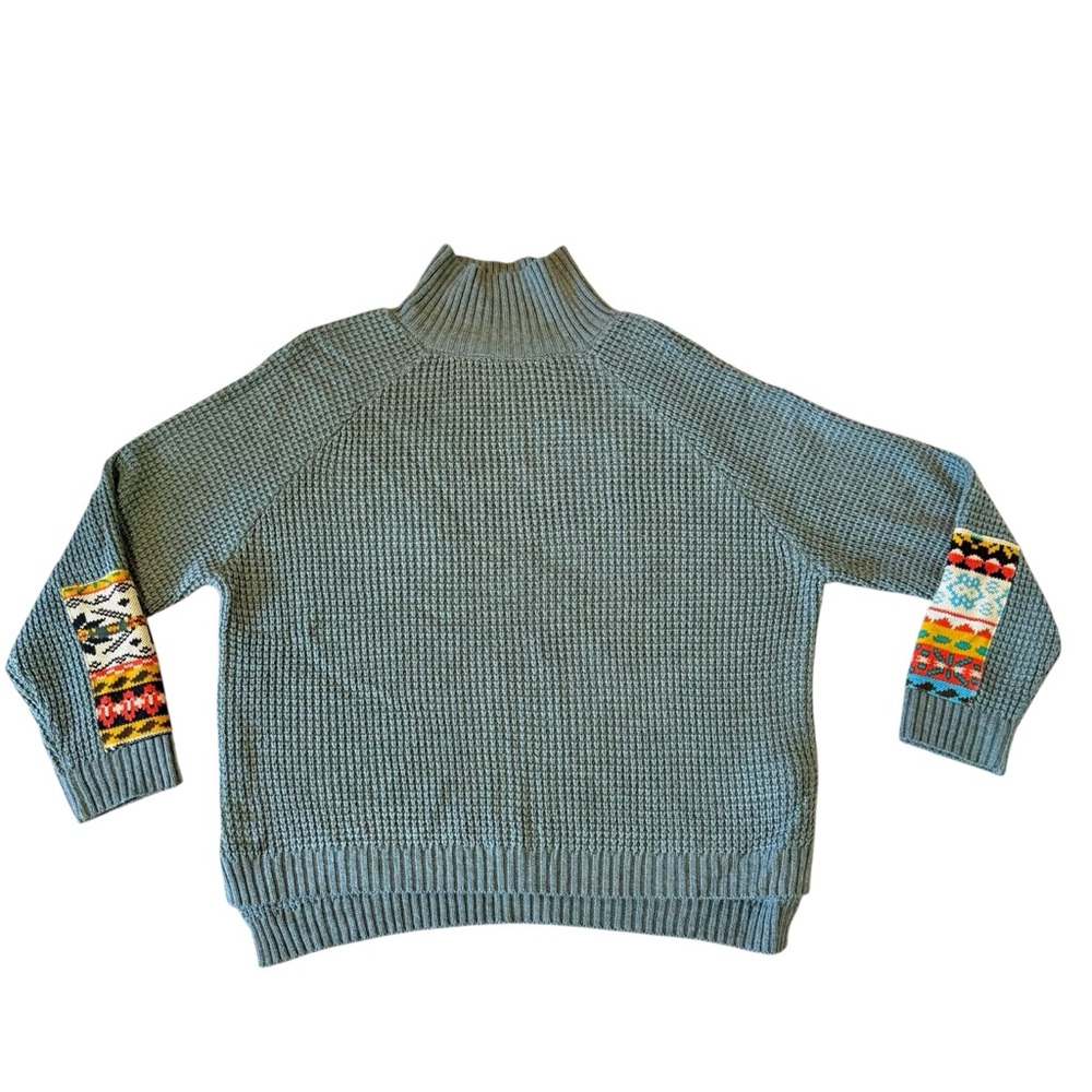 Emery Rose Oversized Sweater Gray/Green w/ Indigenous-Southwestern Style Patch